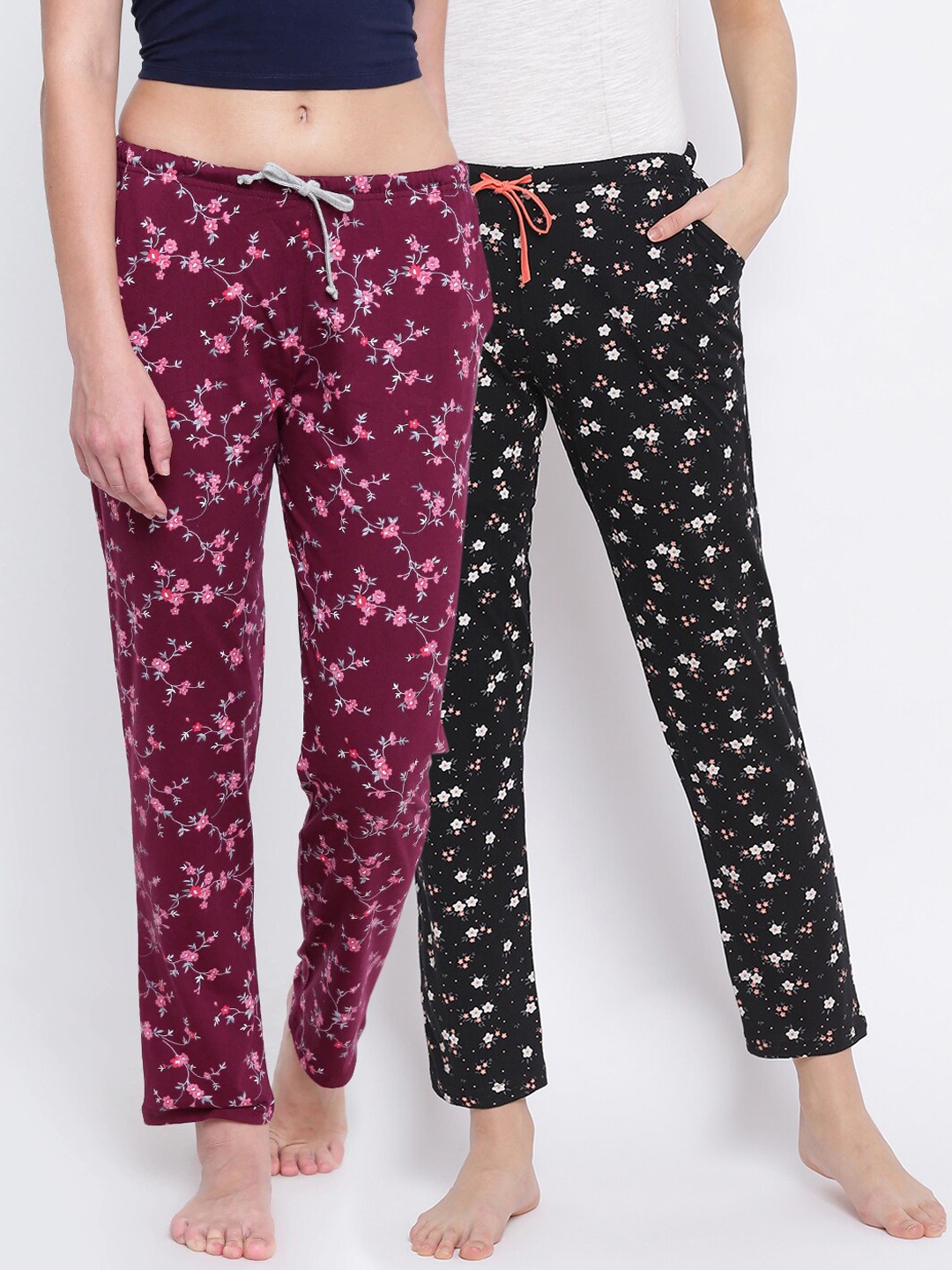 

Kanvin Women Pack of 2 Floral Print Pure Cotton Lounge Pants, Black