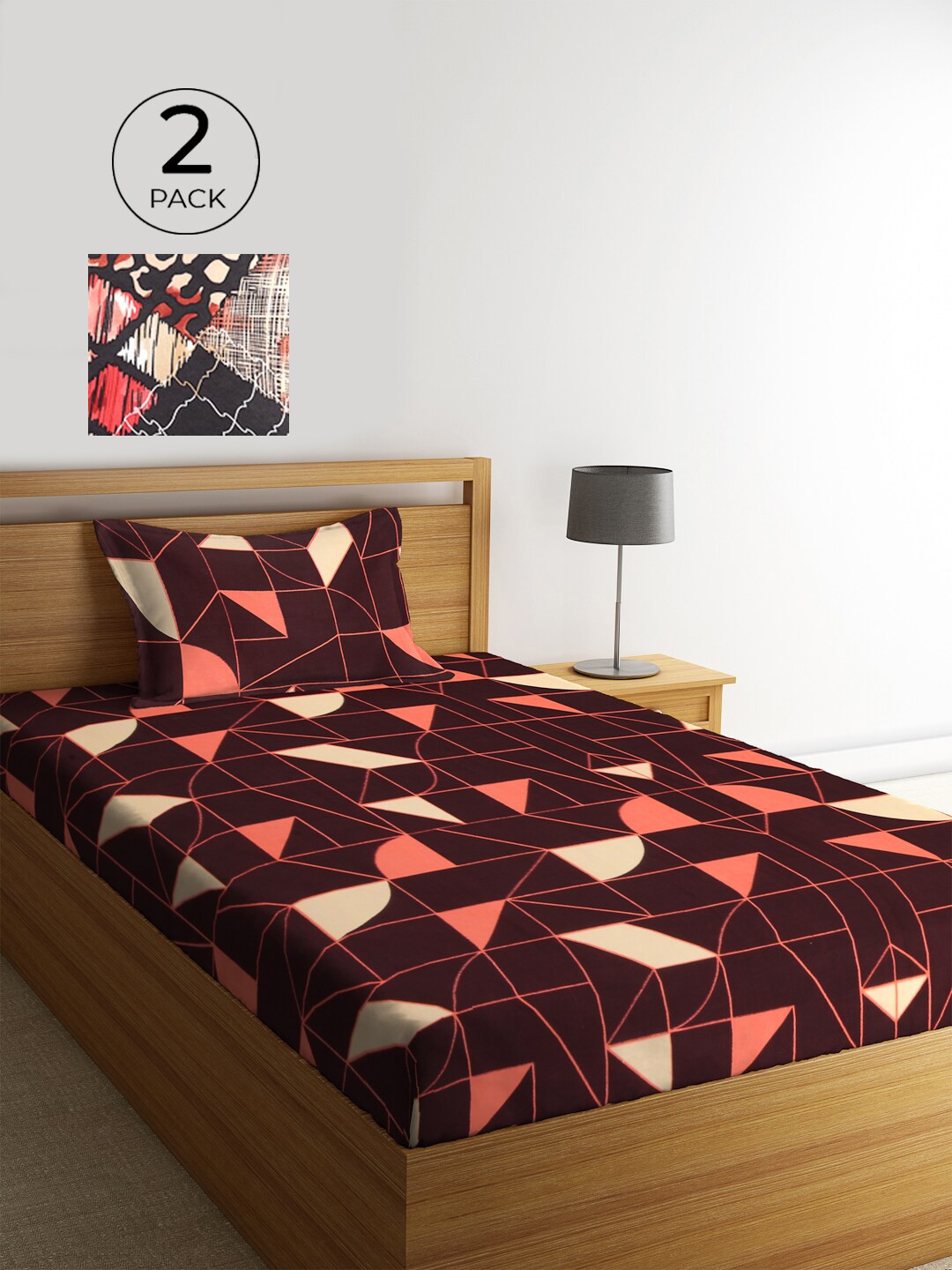 

KLOTTHE Black & Maroon Geometric 210 TC Polycotton 2 Single Bedsheet with 2 Pillow Covers