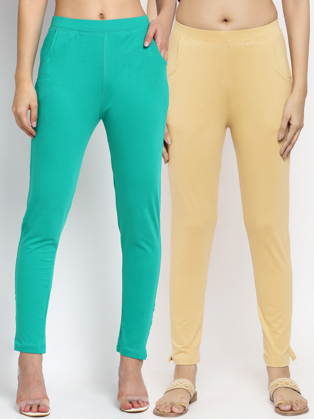 

NEUDIS Women Pack of 2 Sea Green & Beige Solid Ankle Length Leggings