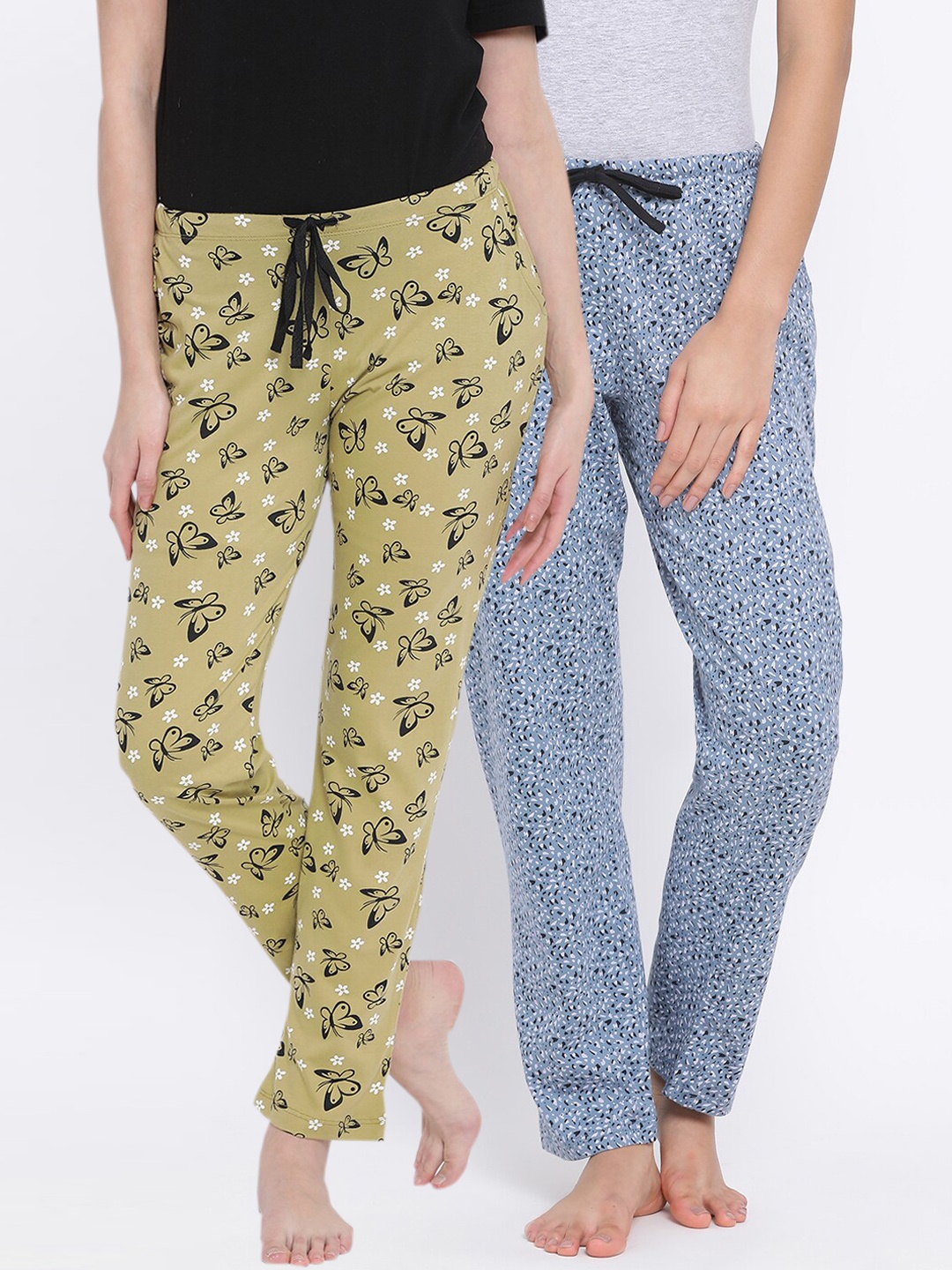 

Kanvin Women Pack of 2 Printed Pure Cotton Lounge Pants, Mustard