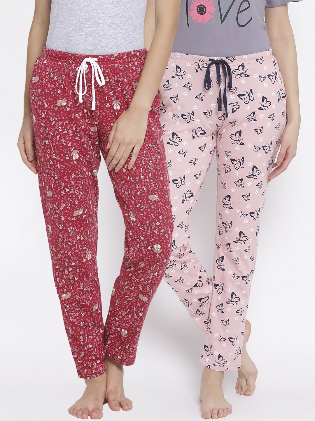 

Kanvin Women Pack of 2 Printed Pure Cotton Lounge Pants, Pink