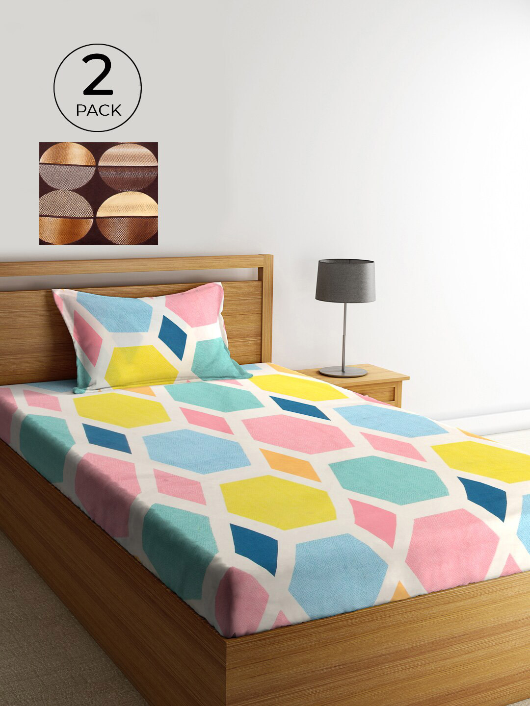 

KLOTTHE Multicoloured Geometric 210 TC Polycotton 2 Single Bedsheet with 2 Pillow Covers, Multi