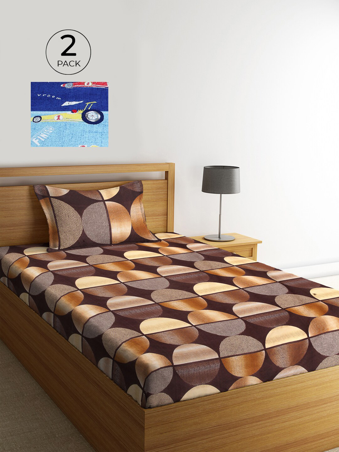 

KLOTTHE Brown & Blue Geometric 210 TC Polycotton 2 Single Bedsheet with 2 Pillow Covers