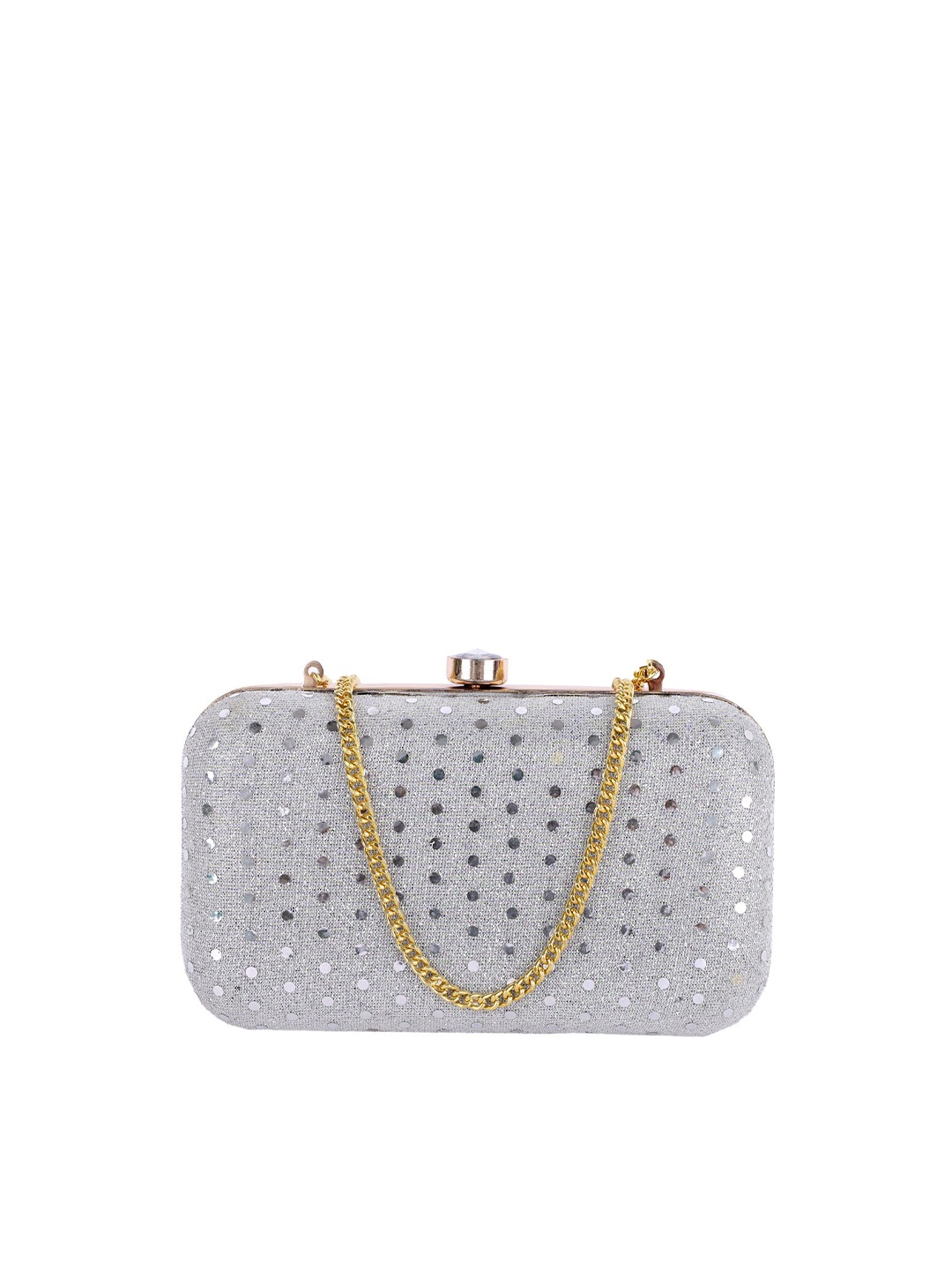 

REZZY White & Silver-Toned Embellished Clutch