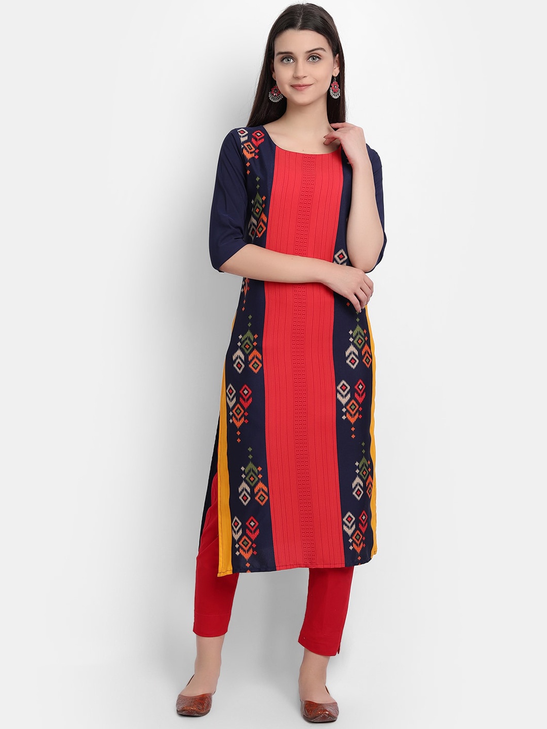 

Ethnic basket Women Navy Blue & Red Geometric Printed Crepe Kurta