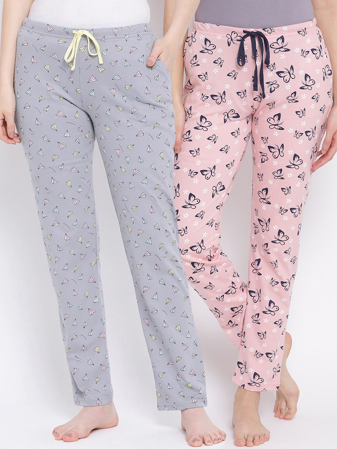 

Kanvin Women Pack of 2 Printed Pure Cotton Lounge Pants, Pink