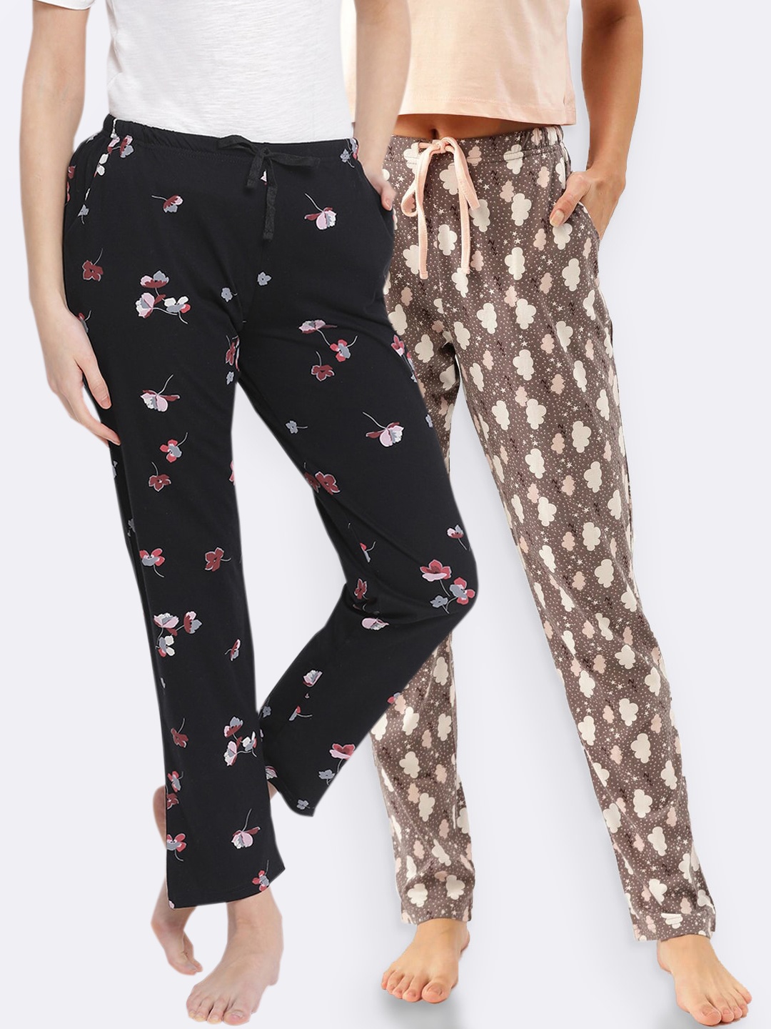

Kanvin Women Pack of 2 Printed Pure Cotton Lounge Pants, Black