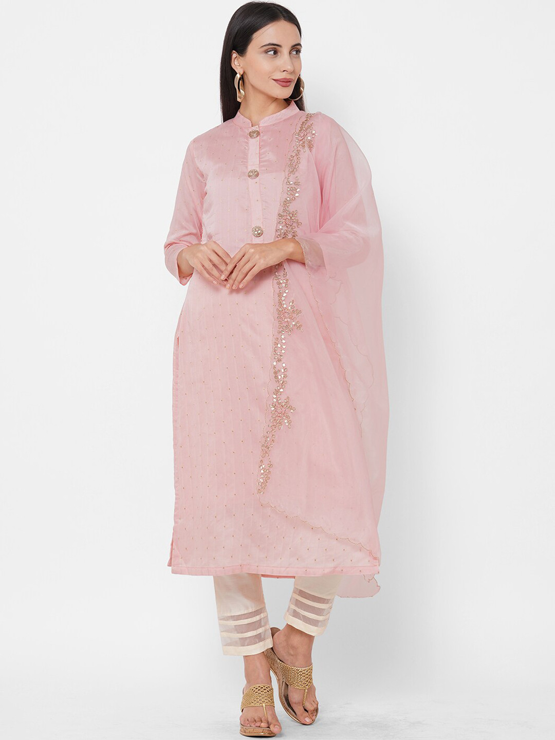 

FASHOR Woven & Hand Pink Straight Kurta with Scallop Dupatta