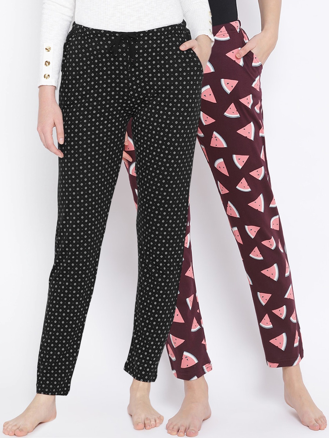 

Kanvin Women Pack of 2 Printed Pure Cotton Lounge Pants, Burgundy