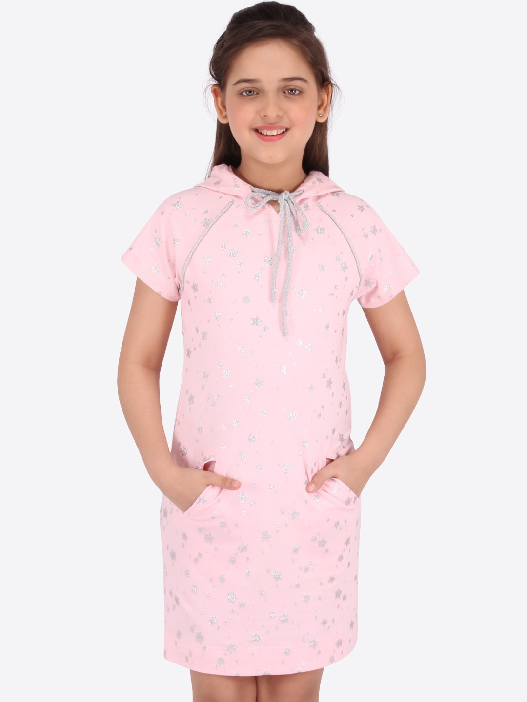 

CUTECUMBER Girls Pink & Silver Printed Hooded Sheath Dress