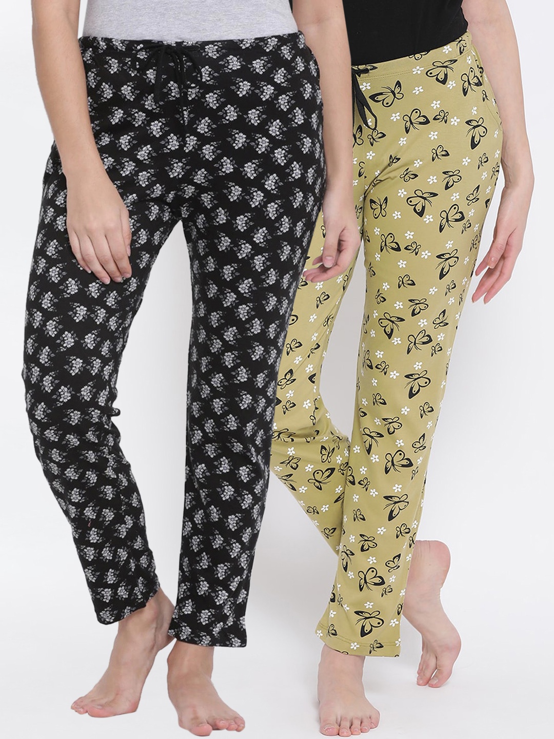 

Kanvin Women Pack of 2 Printed Pure Cotton Lounge Pants, Mustard