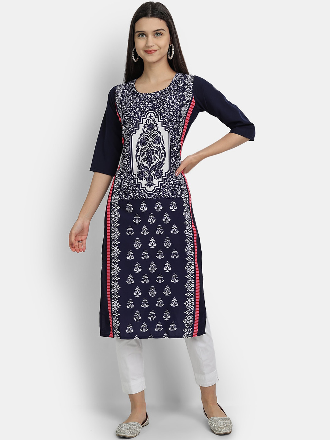 

Ethnic basket Women Navy Blue Ethnic Motifs Printed Crepe Kurta