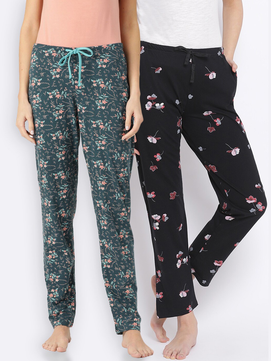 

Kanvin Women Pack Of 2 Floral Printed Cotton Lounge Pants, Black