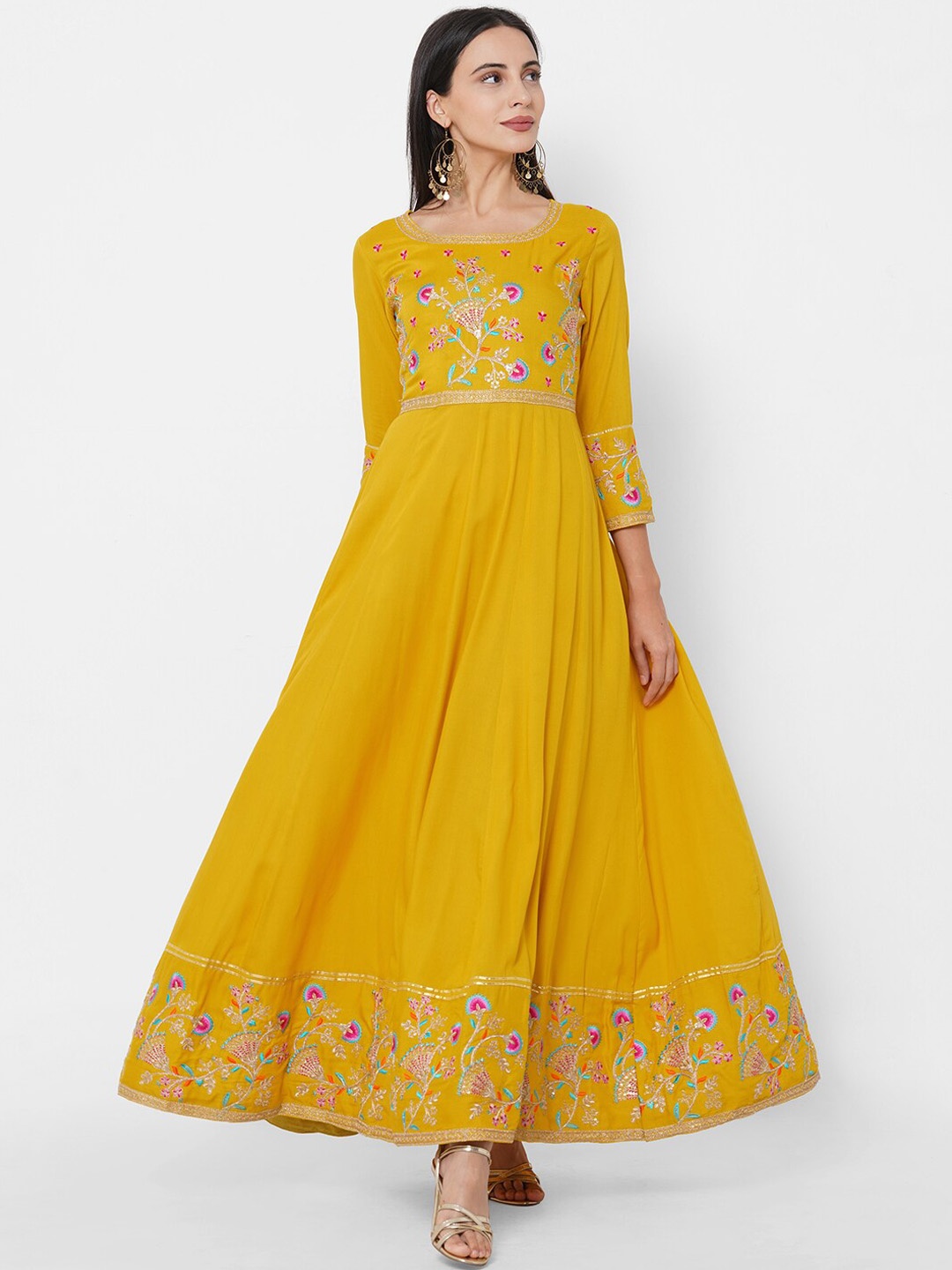 

FASHOR Mustard Yellow Ethnic Motifs Embroidered Maxi Dress