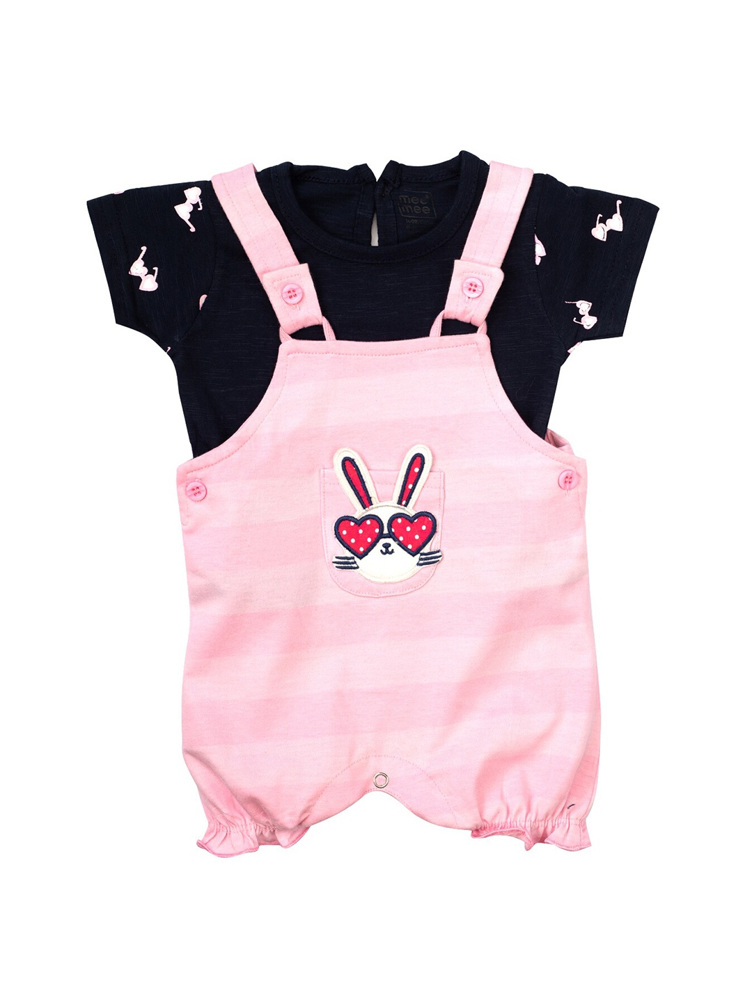 

MeeMee Girls Pink & Black Printed Pure Cotton Dungarees Set