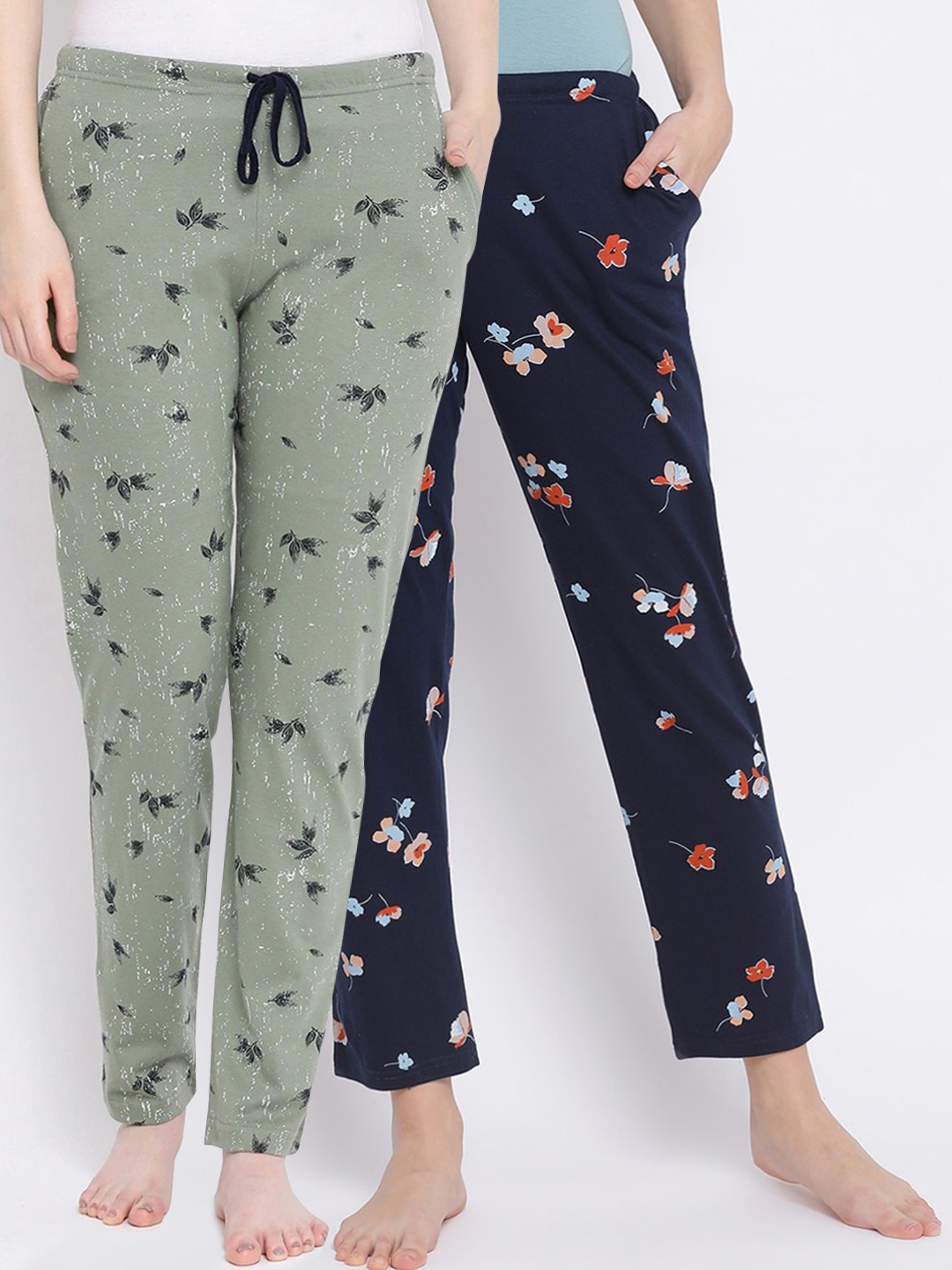 

Kanvin Women Pack Of 2 Printed Cotton Lounge Pants, Navy blue