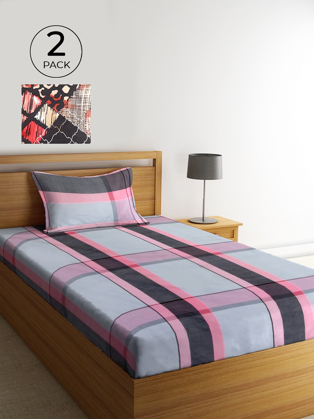 

KLOTTHE Grey & Pink Geometric 300 TC Cotton Blend 2 Single Bedsheet with 2 Pillow Covers