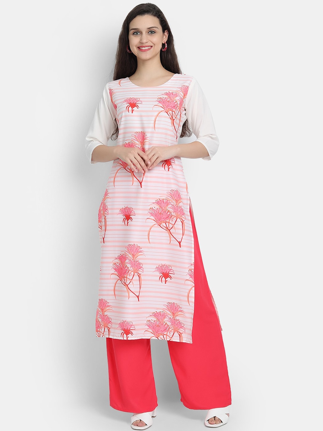 

Ethnic basket Women White & Red Floral Printed Floral Crepe Kurta