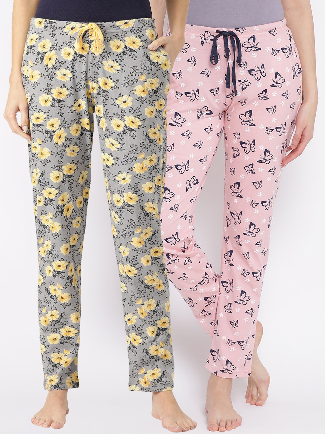 

Kanvin Women Pack of 2 Printed Pure Cotton Lounge Pants, Pink