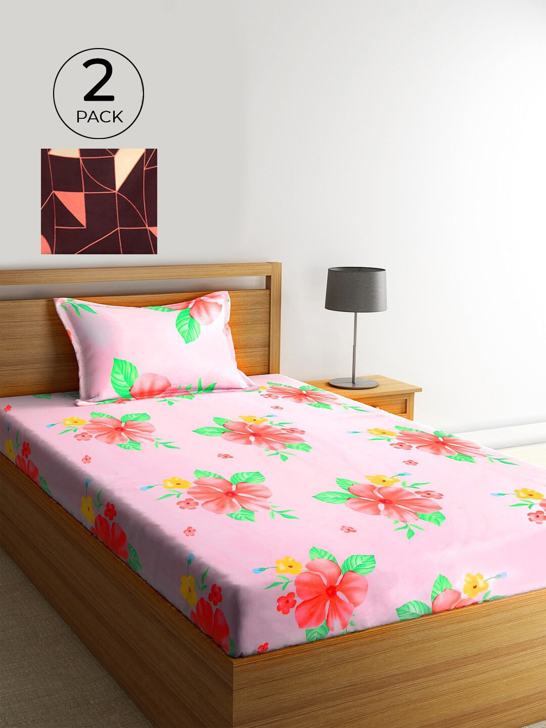 

KLOTTHE Pink & Brown Floral 210 TC Polycotton 2 Single Bedsheet with 2 Pillow Covers