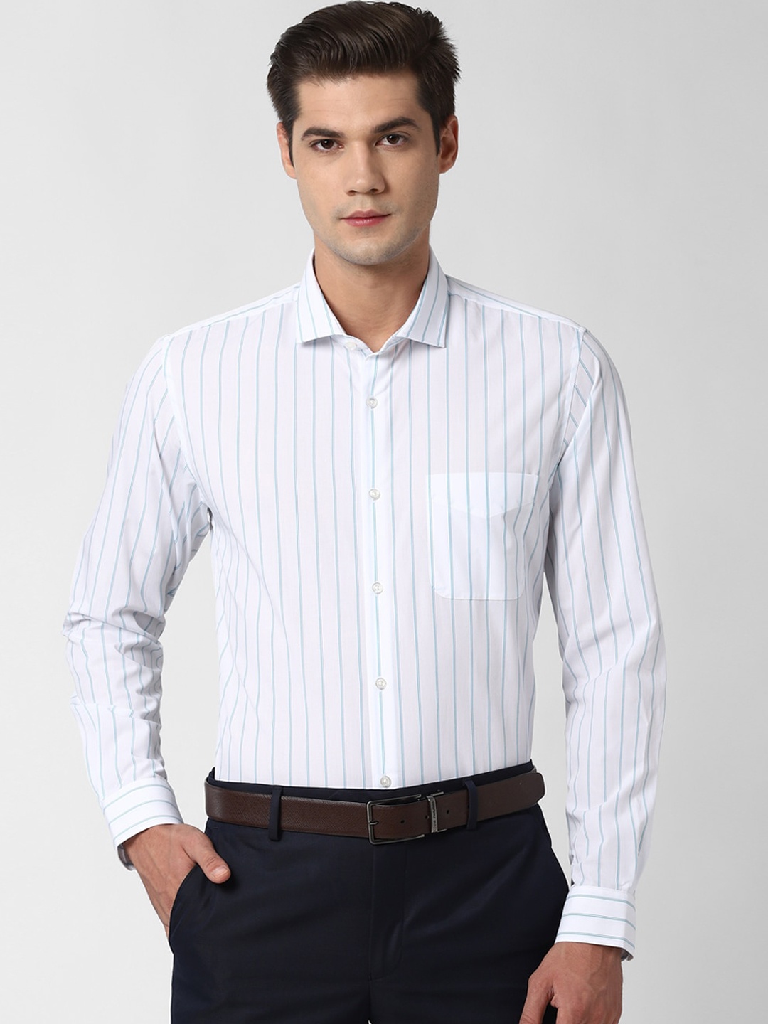 

Peter England Men White & Blue Slim Fit Striped Formal Shirt