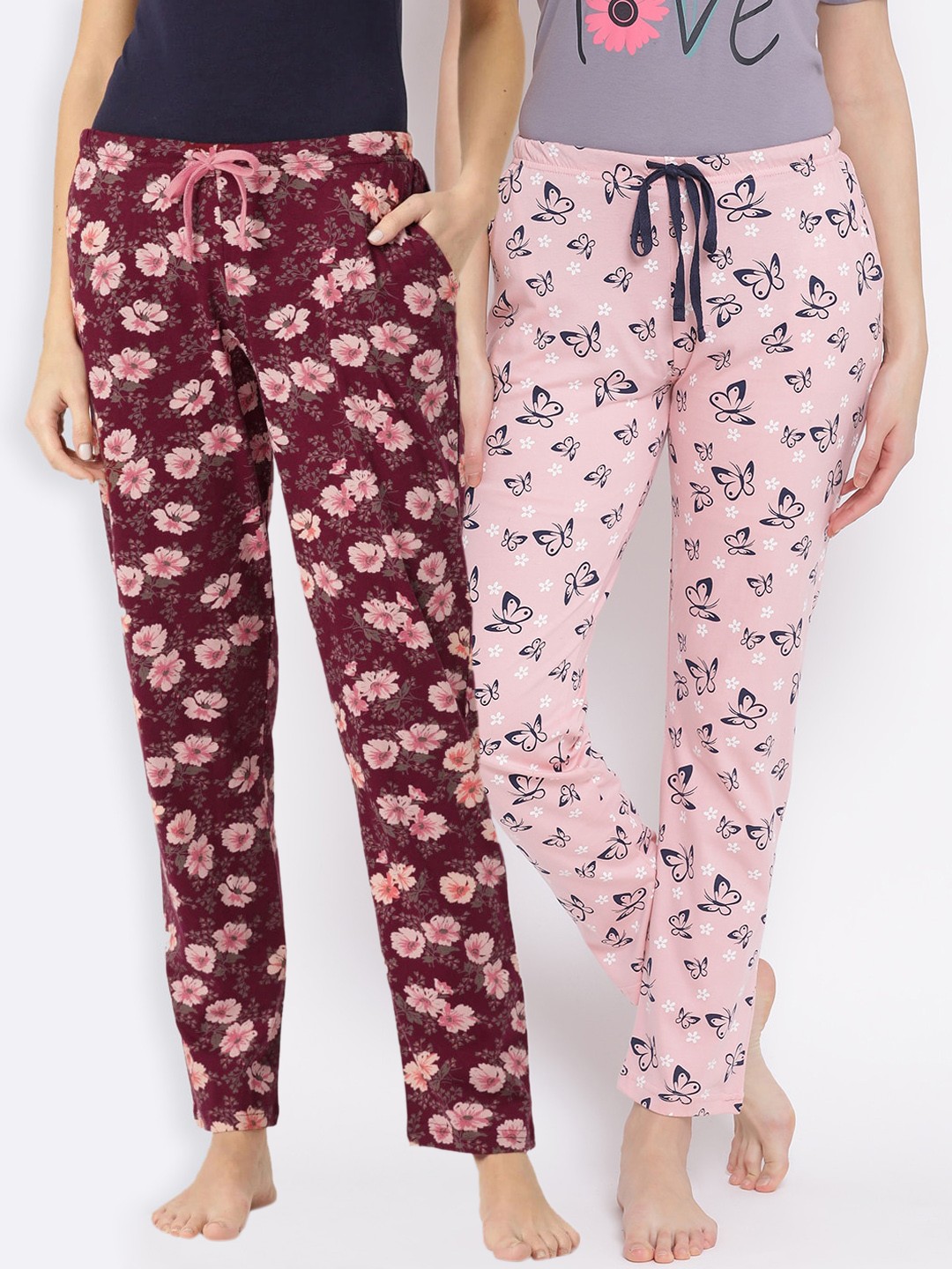 

Kanvin Women Pack of 2 Printed Pure Cotton Lounge Pants, Pink
