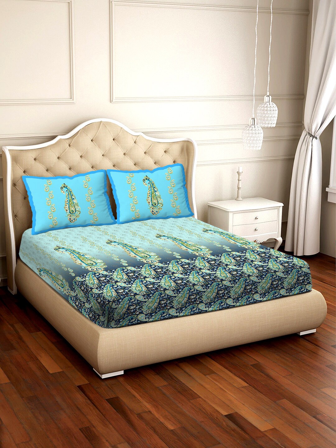 

BELLA CASA Blue & Green Printed Cotton 1 King Bedsheet with 2 Pillow Covers