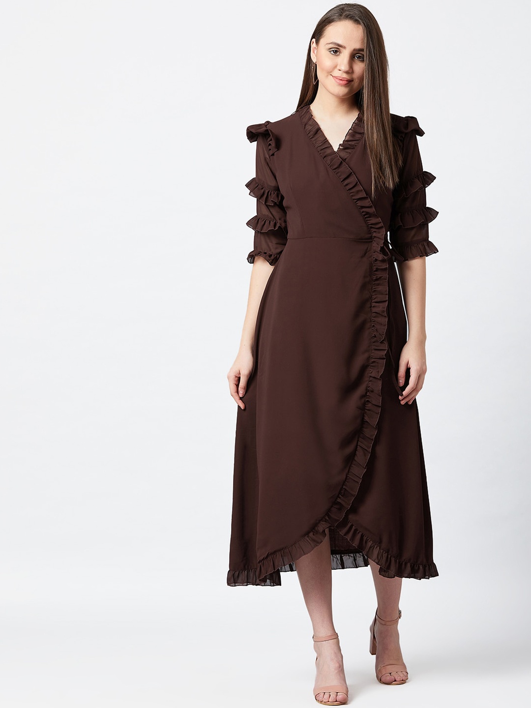 PANIT Brown Solid Frilled Wrap Dress
