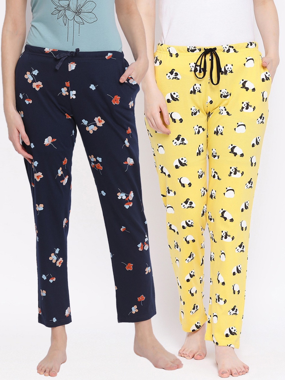 

Kanvin Women Pack of 2 Printed Pure Cotton Lounge Pants, Navy blue