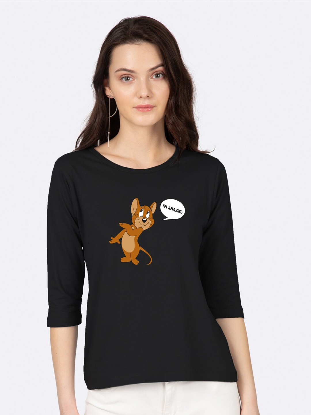

Bewakoof Women Black Jerry Printed Boat Neck T-shirt