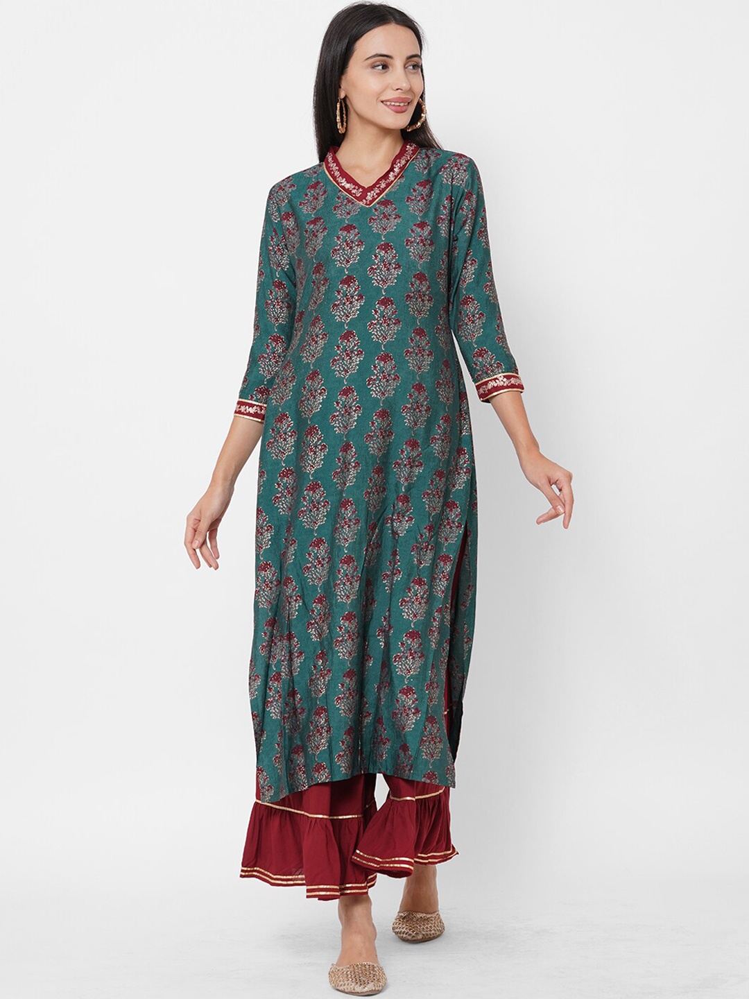 

FASHOR Women Teal & Maroon Ethnic Motifs Printed Regular Straight Kurta & Sharara