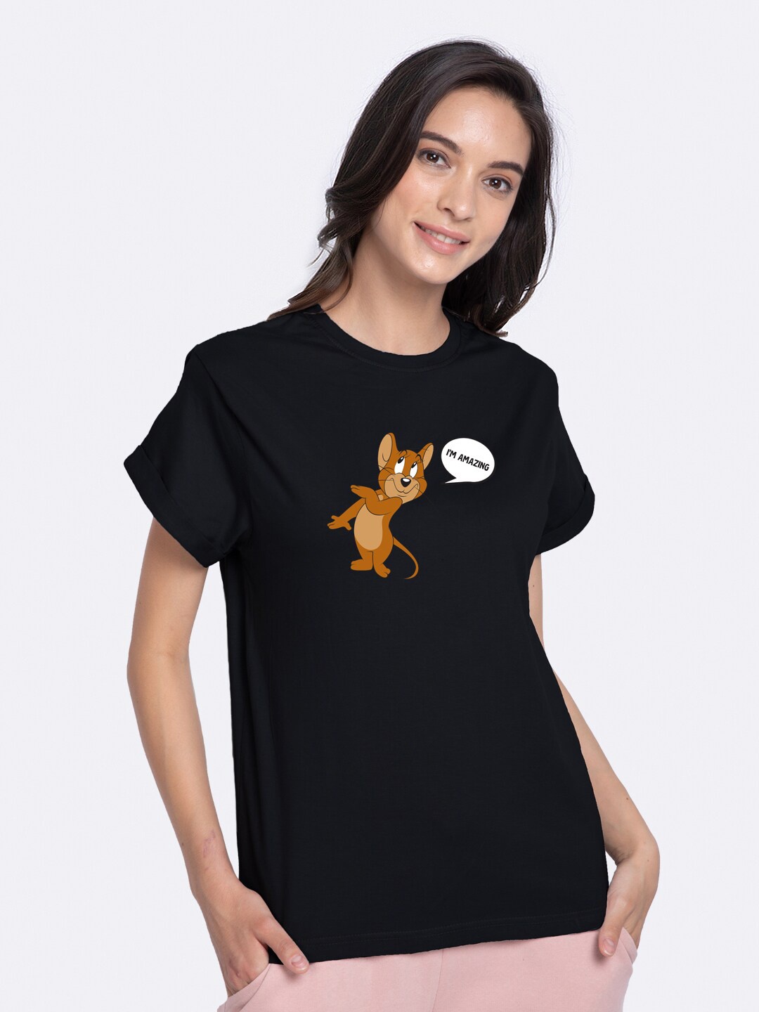 

Bewakoof Women Black Jerry Printed Round Neck T-shirt