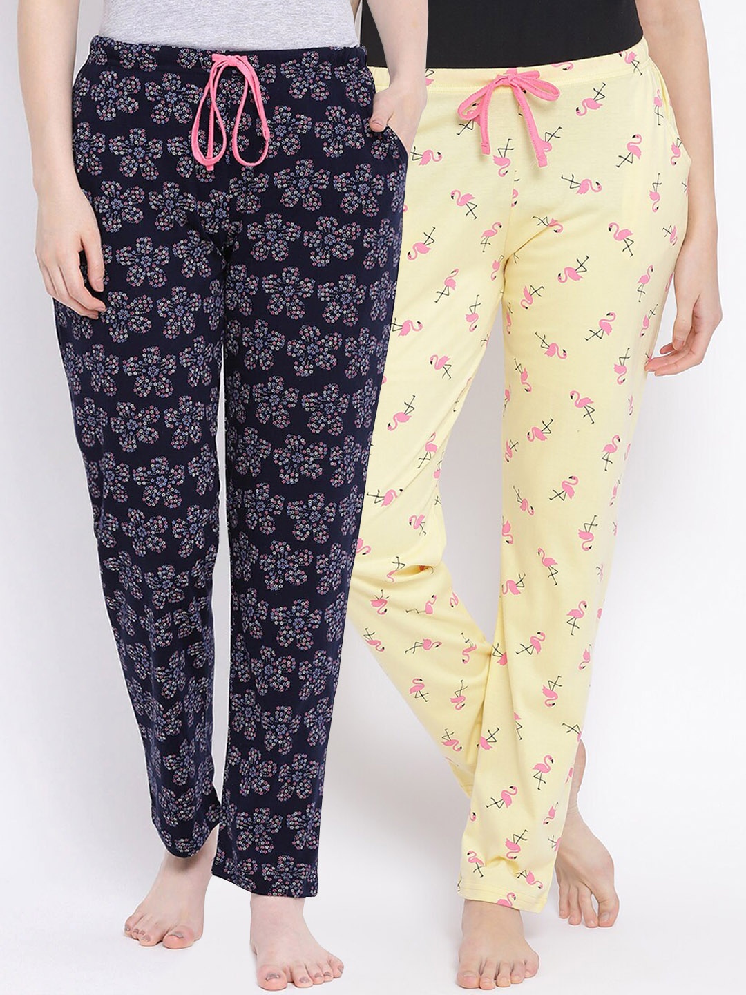 

Kanvin Women Pack of 2 Printed Pure Cotton Lounge Pants, Yellow
