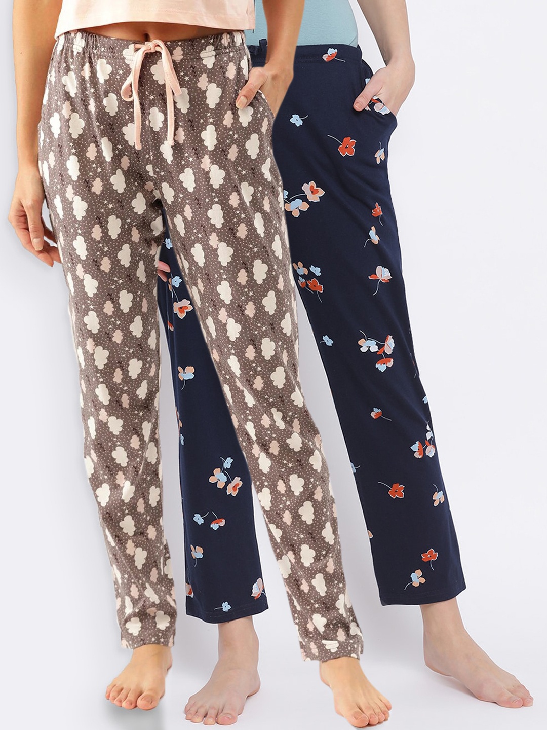 

Kanvin Women Pack of 2 Printed Pure Cotton Lounge Pants, Navy blue