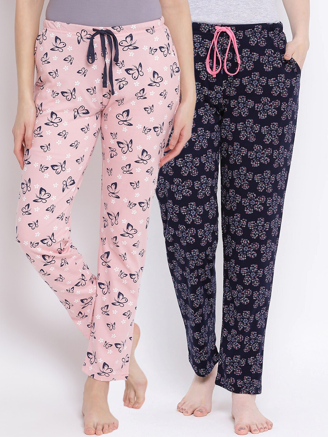

Kanvin Women Pack of 2 Printed Pure Cotton Lounge Pants, Pink