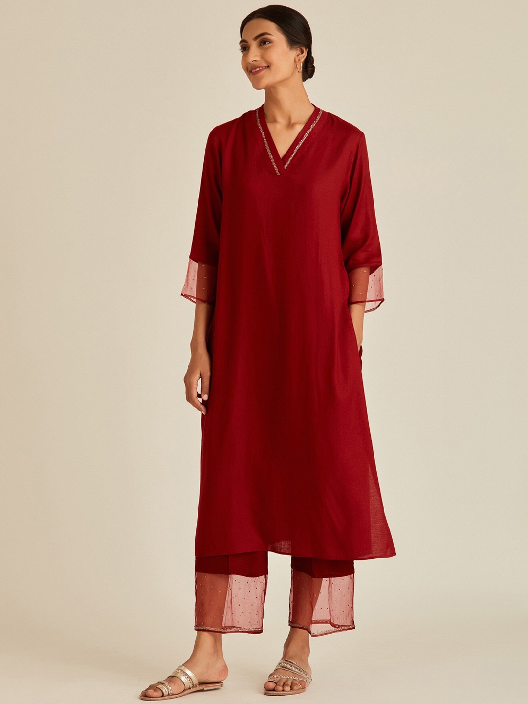 

Ancestry Women Maroon Flared Sleeves Kurta