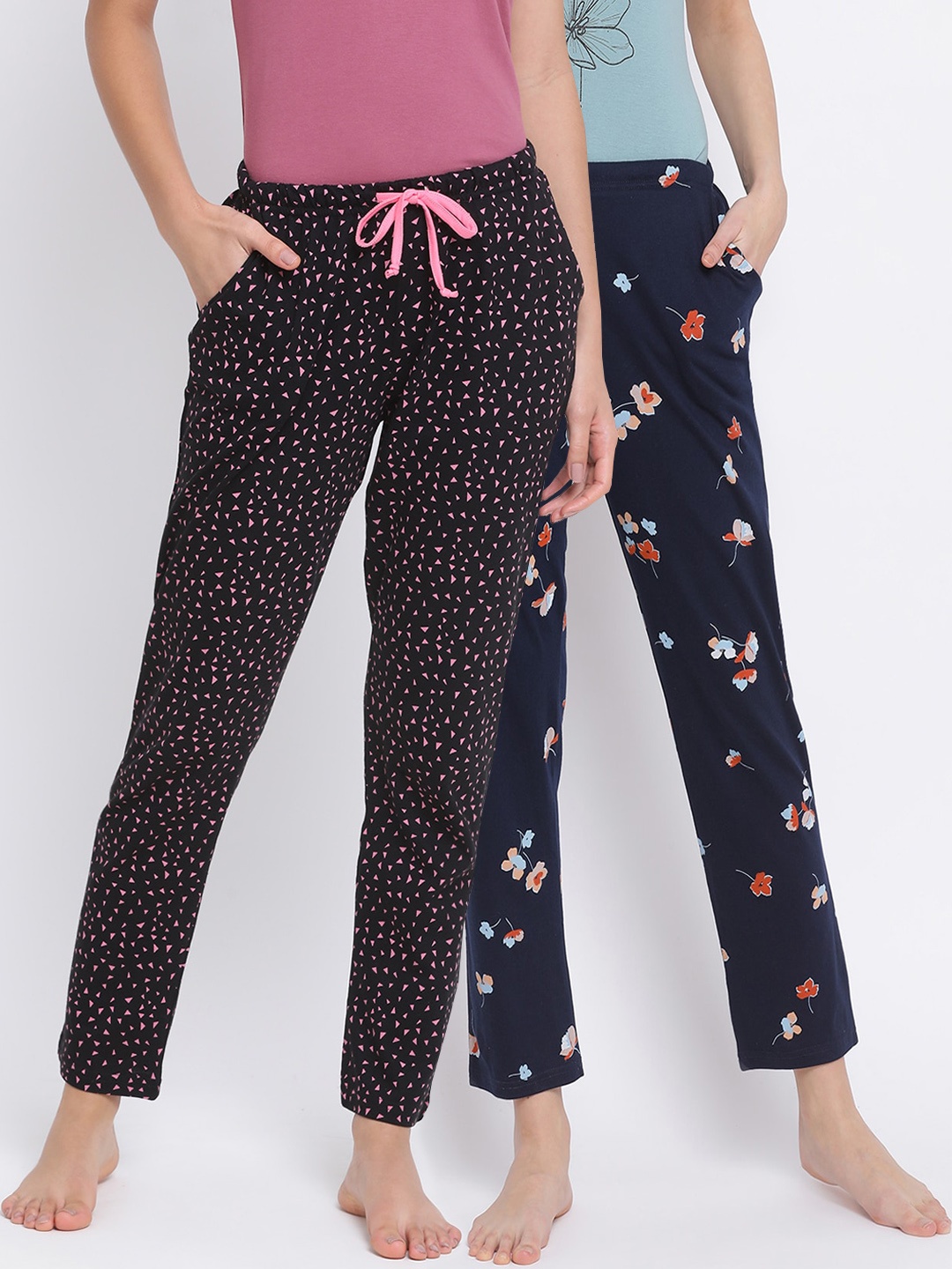 

Kanvin Women Pack Of 2 Printed Cotton Lounge Pants, Navy blue