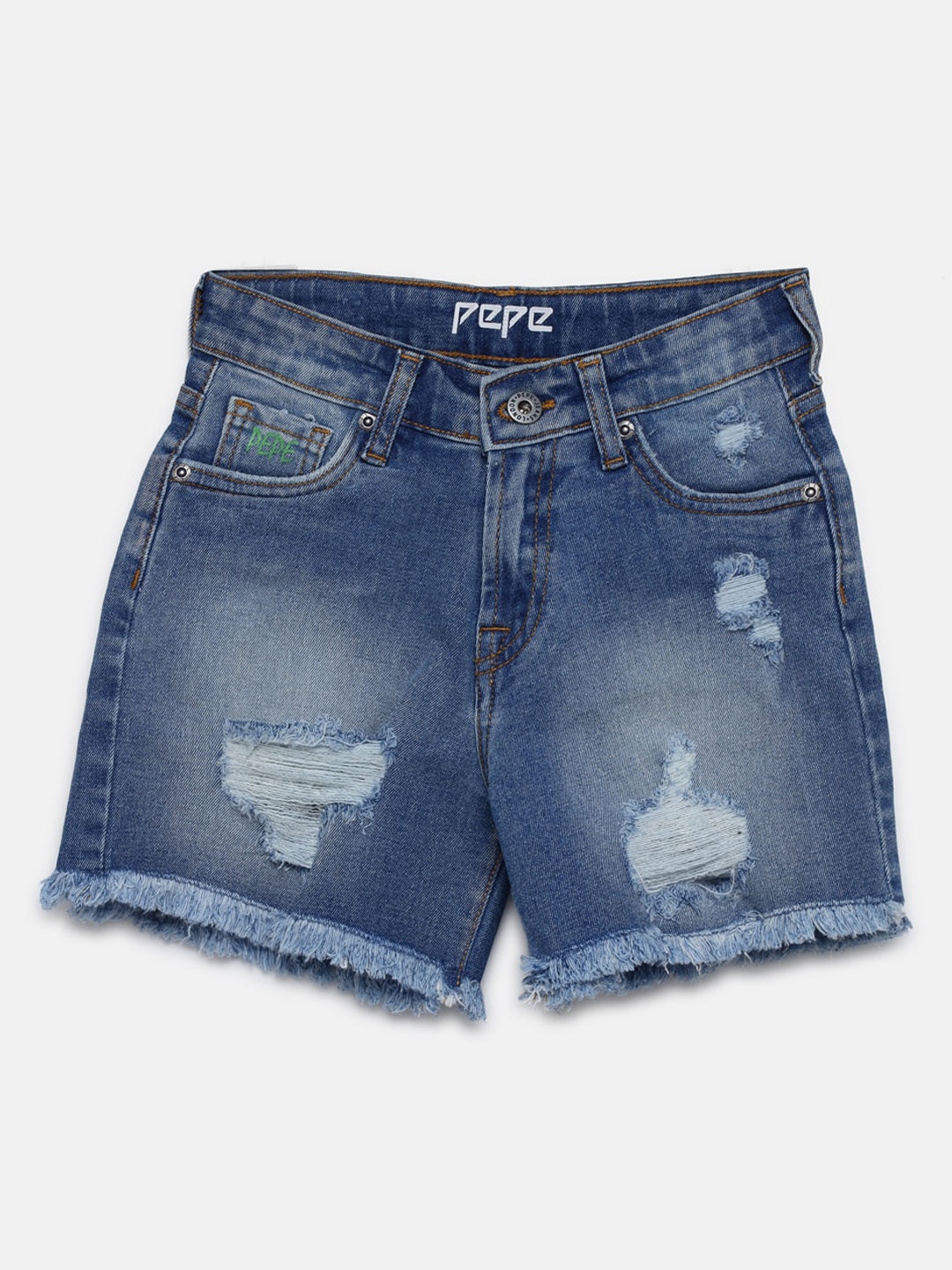 Pepe Jeans Girls Blue Washed Regular Fit Denim Shorts