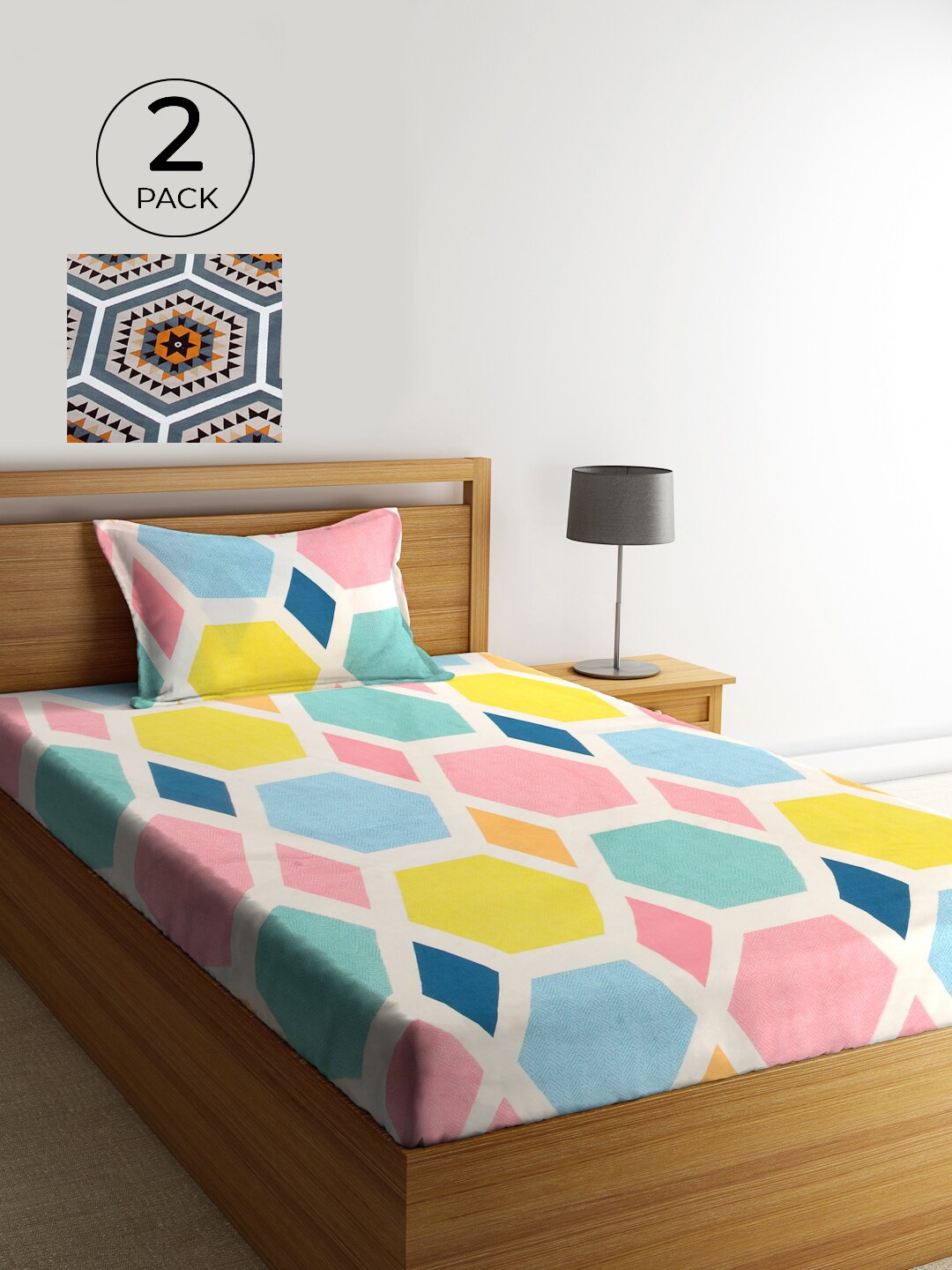

KLOTTHE White & Pink Geometric 210 TC Polycotton 2 Single Bedsheet with 2 Pillow Covers