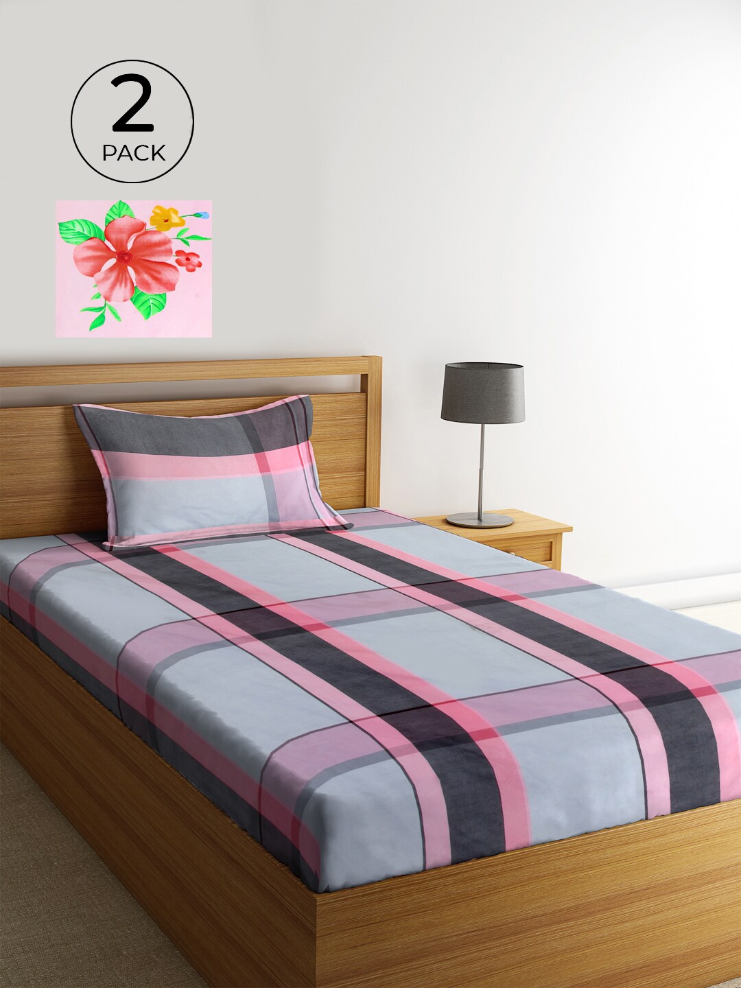 

KLOTTHE Pink & Grey Floral 210 TC Polycotton 2 Single Bedsheet with 2 Pillow Covers