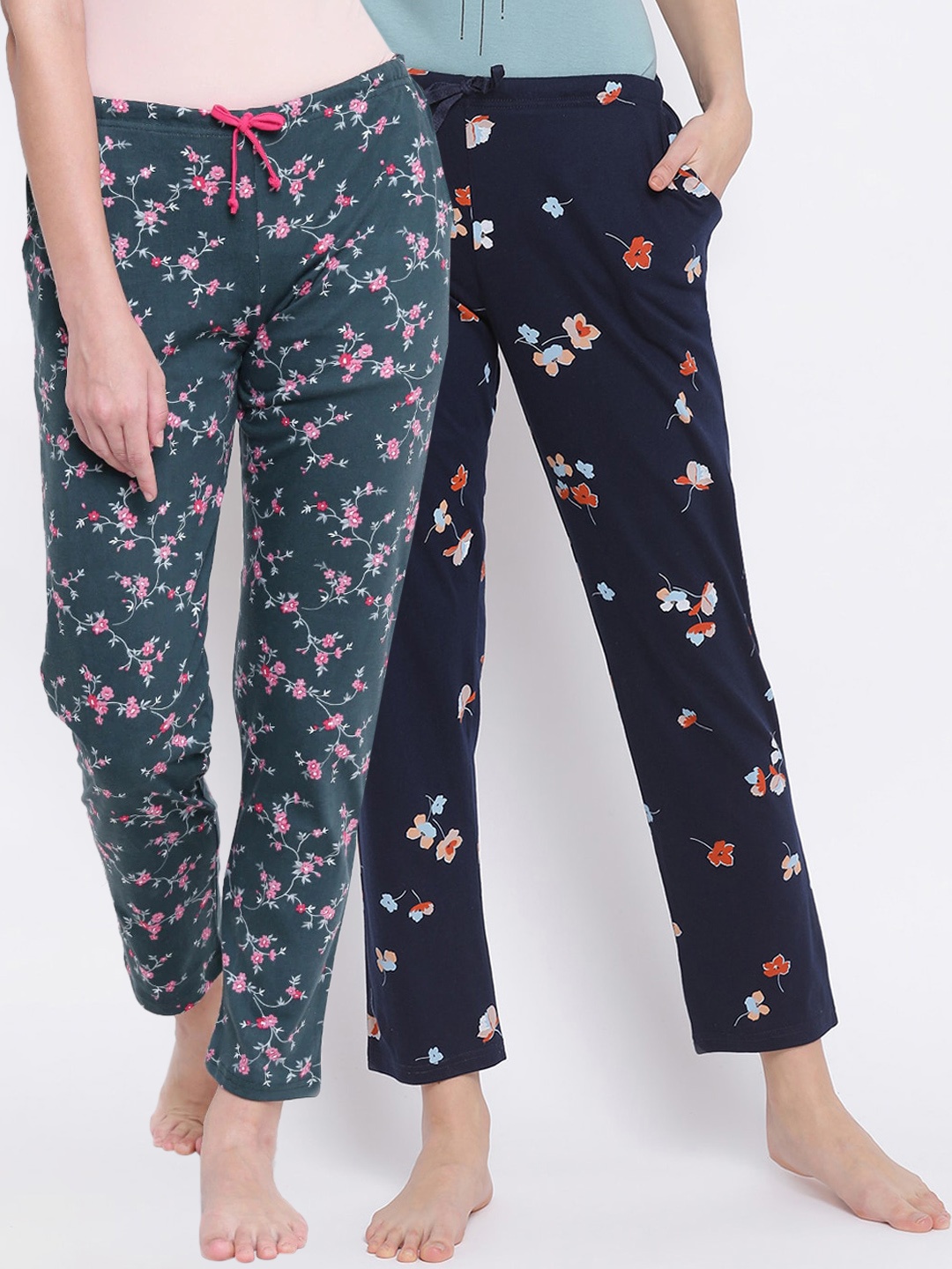 

Kanvin Women Pack of 2 Floral Print Pure Cotton Lounge Pants, Navy blue