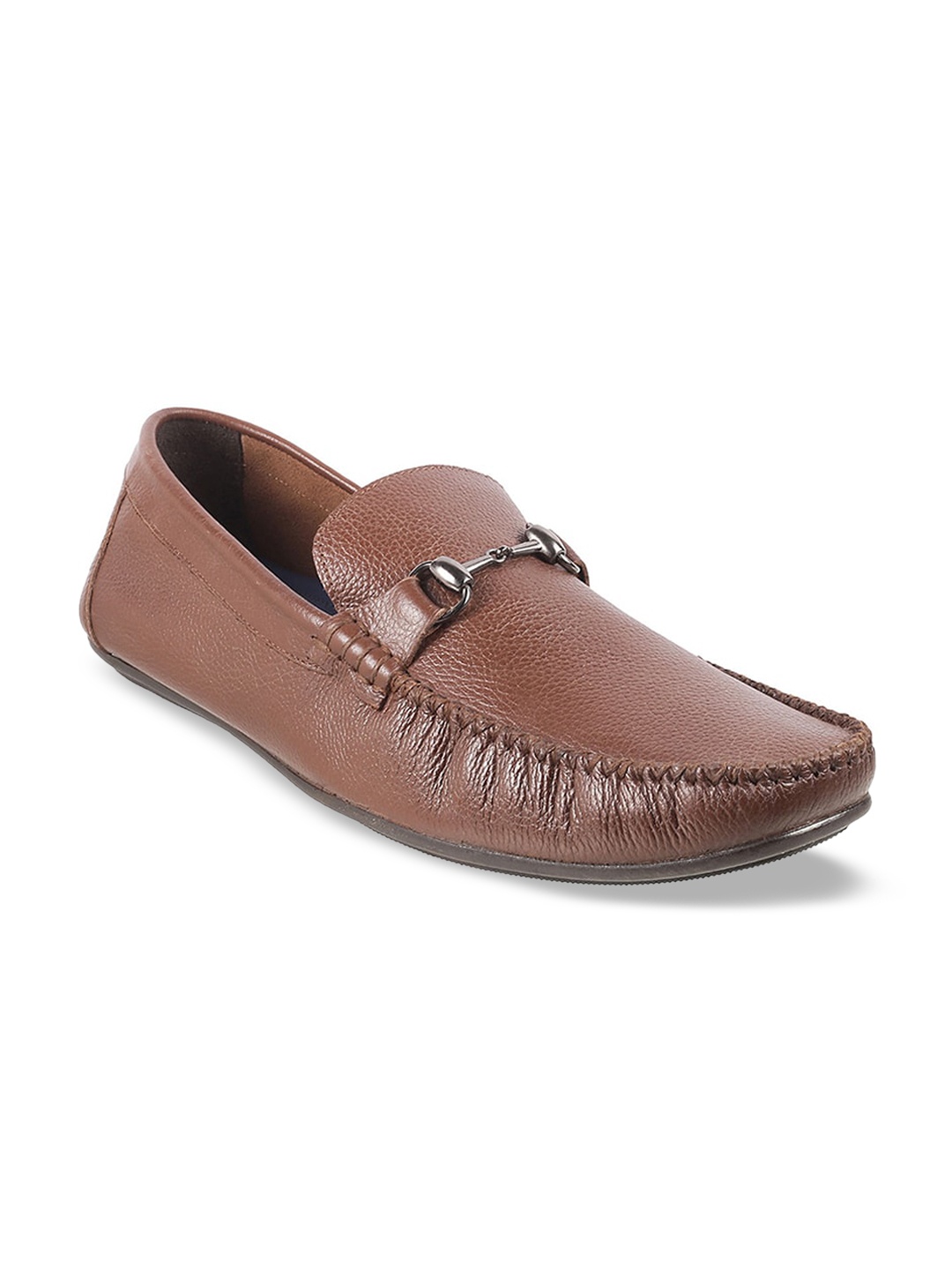 Metro Men Brown Textured Leather Loafers