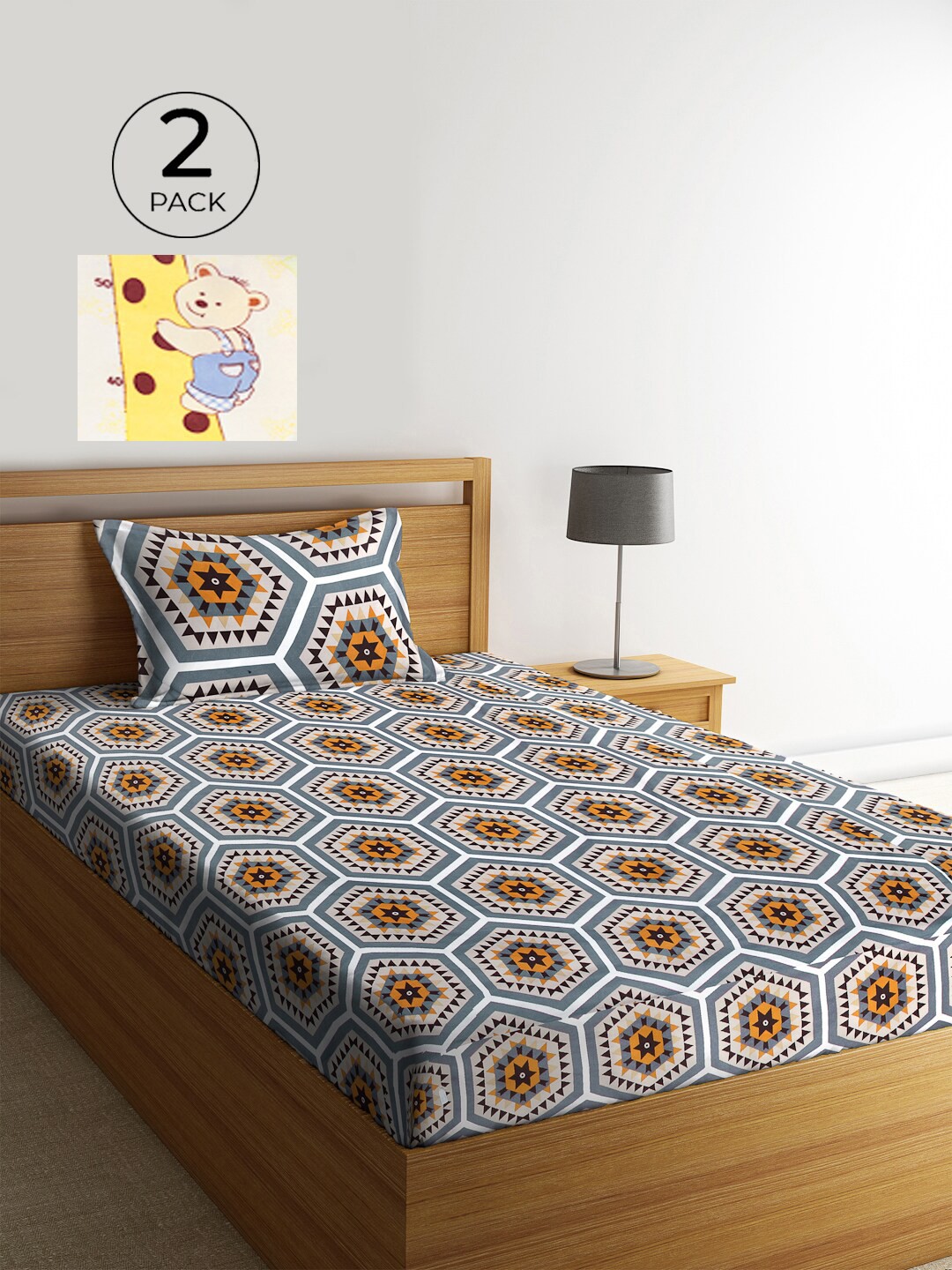 

KLOTTHE Grey & White Geometric 210 TC Polycotton 2 Single Bedsheet with 2 Pillow Covers