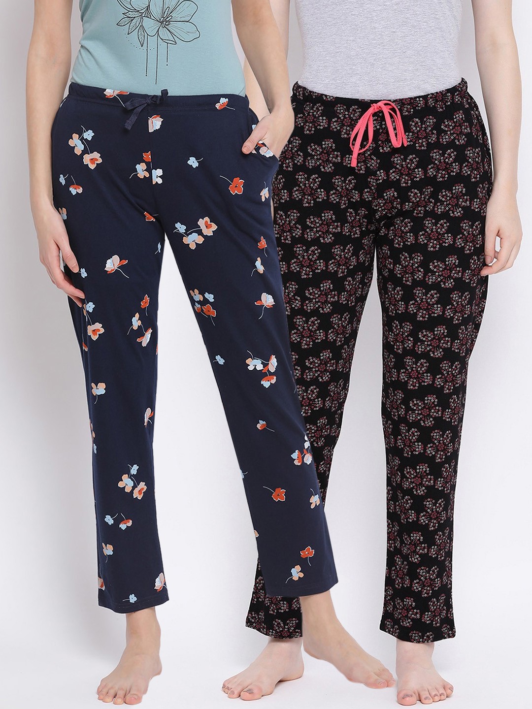 

Kanvin Women Pack of 2 Floral Print Pure Cotton Lounge Pants, Navy blue
