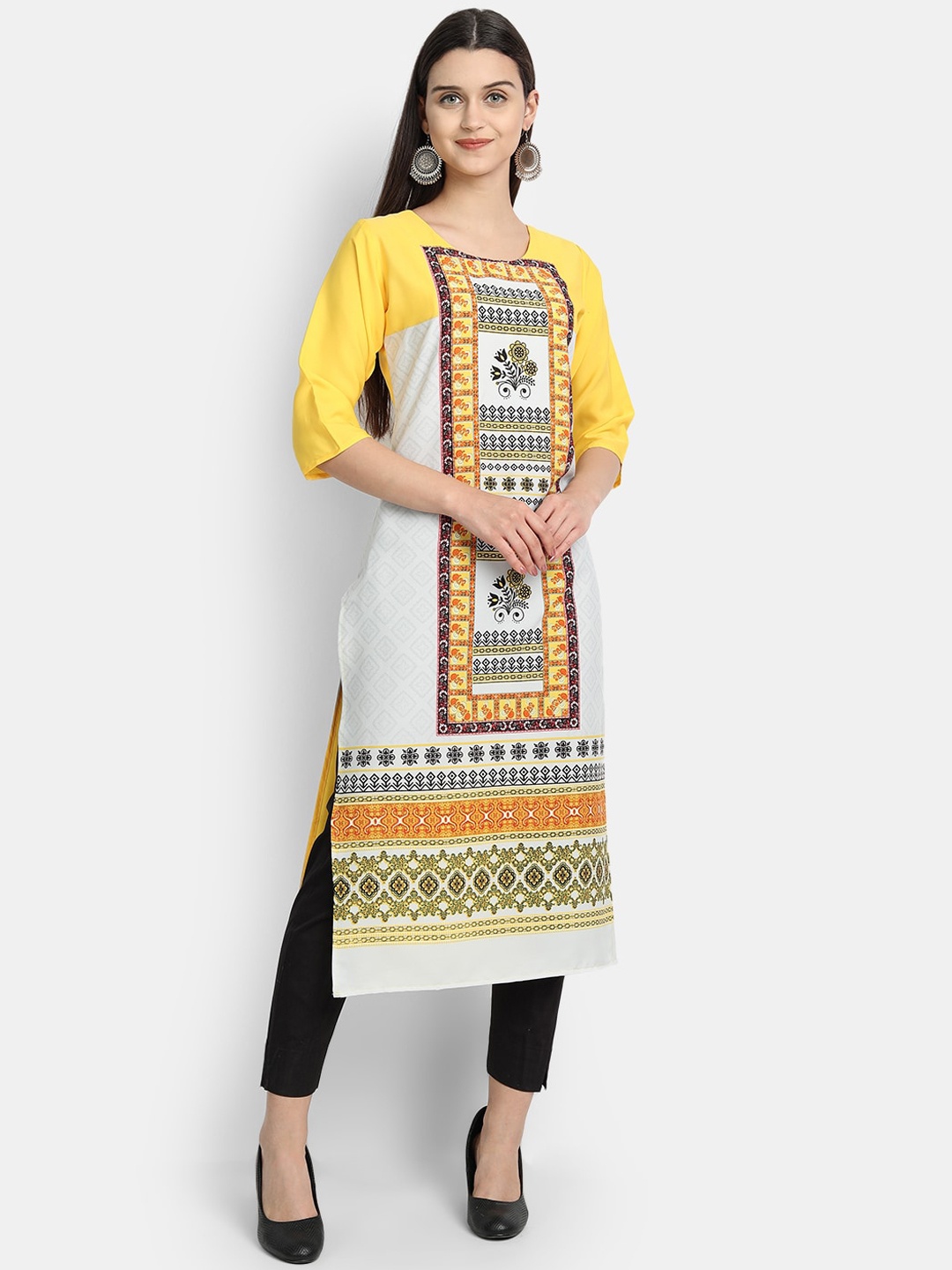 

Ethnic basket Women White & Yellow Printed Straight Kurta
