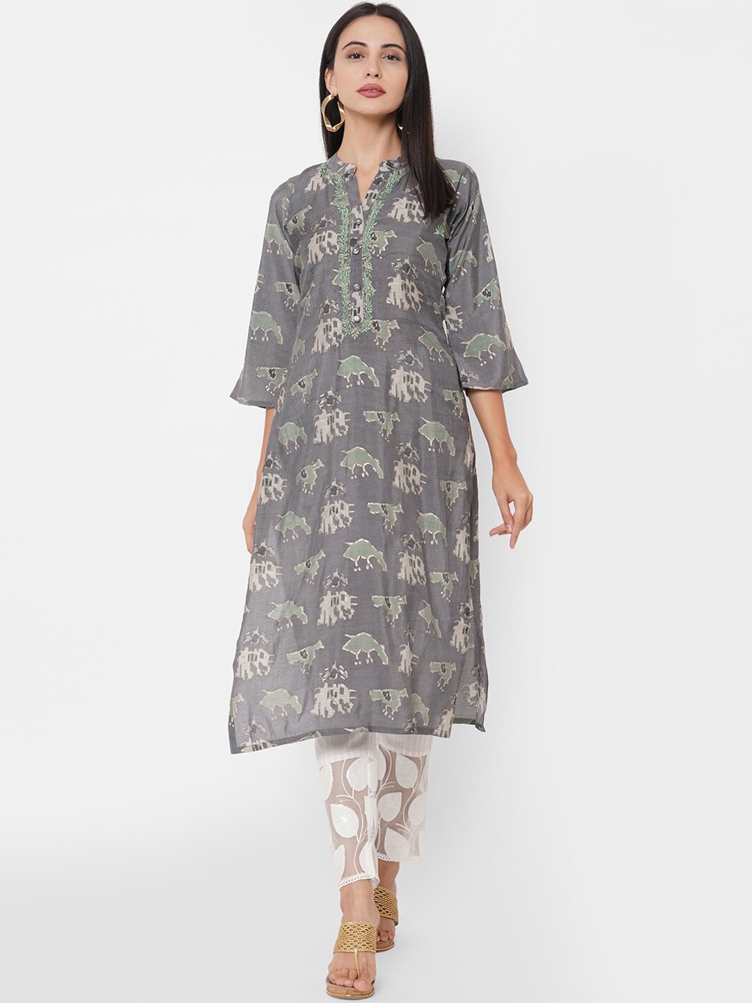 

FASHOR Women Grey Ethnic Motifs Printed Flared Sleeves Kurta