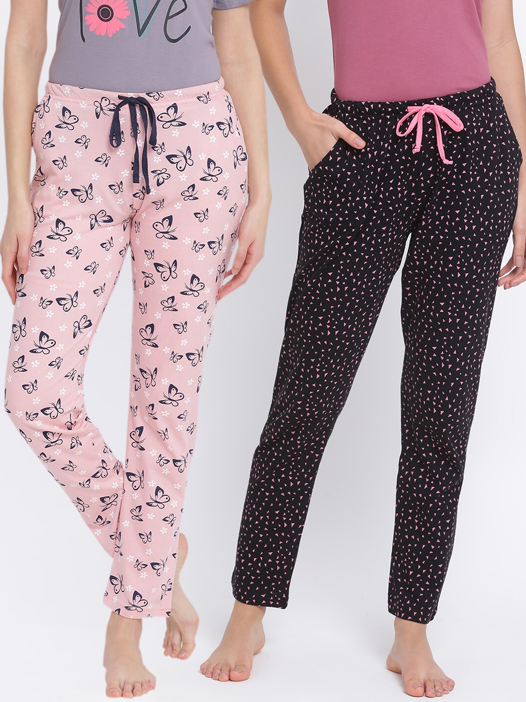 

Kanvin Women Pack of 2 Printed Pure Cotton Lounge Pants, Pink