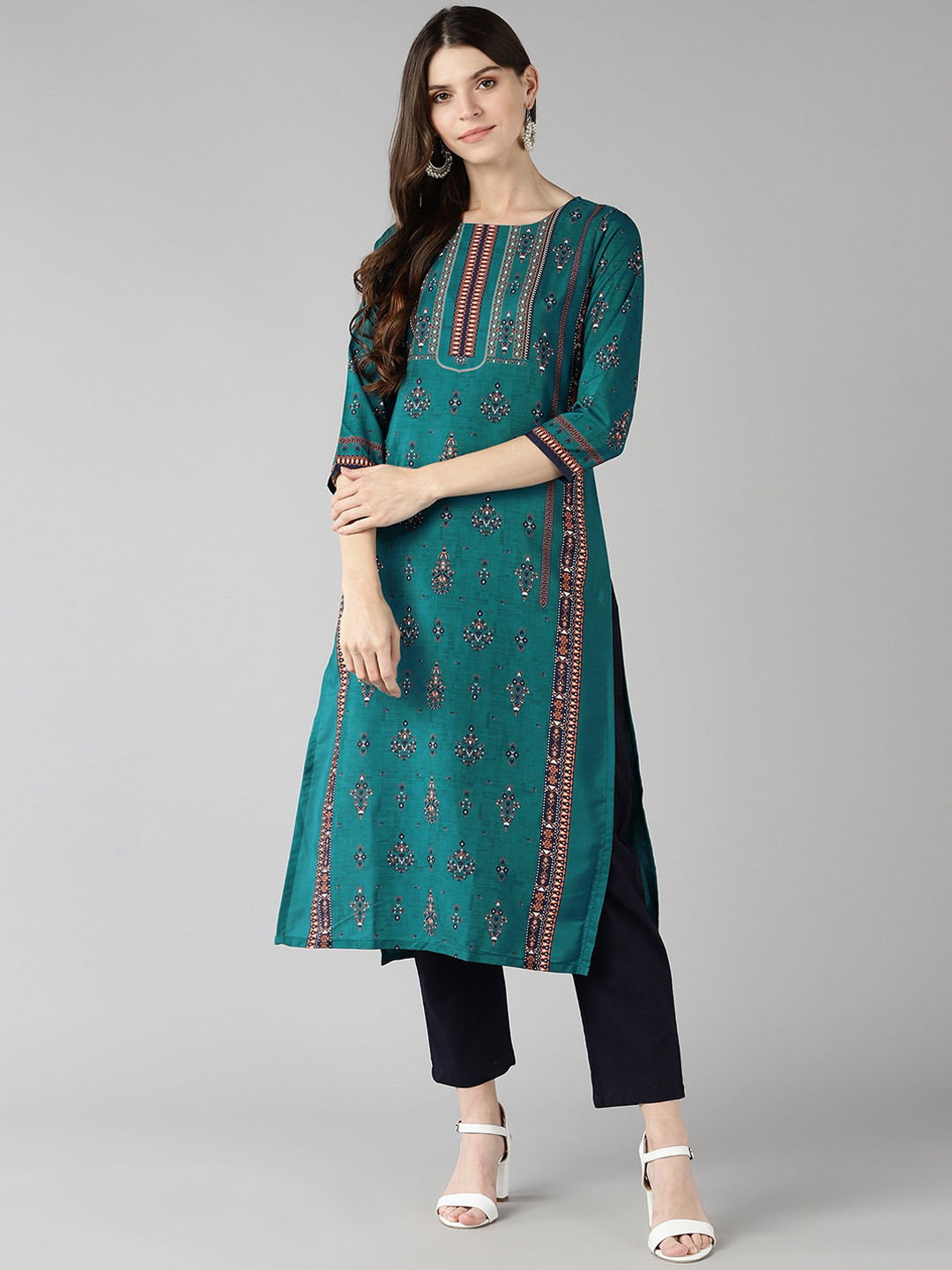 

AHIKA Women Teal Blue & Orange Ethnic Motifs Printed Kurta