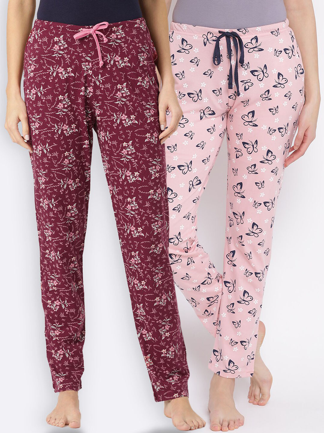 

Kanvin Women Pack of 2 Printed Pure Cotton Lounge Pants, Pink