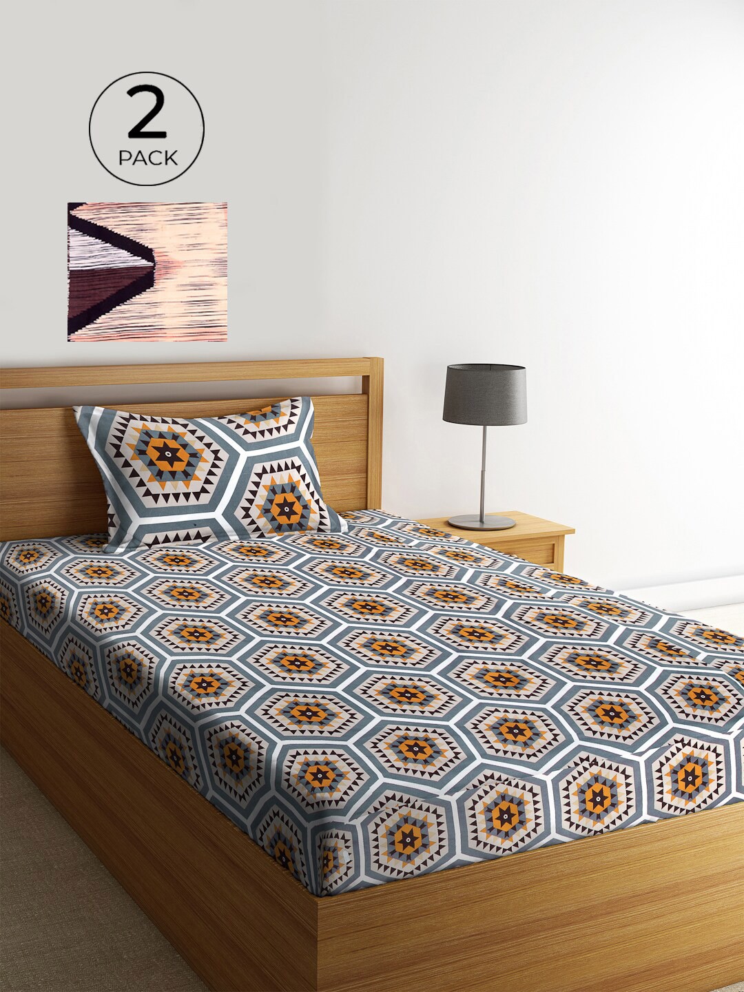 KLOTTHE Multicoloured Geometric 210 TC Polycotton 2 Single Bedsheet with 2 Pillow Covers, Multi